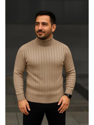 Mythrıva  Erkek Balıkcı Yaka Bağazlı Triko Kazak Pamuklu Kalın Fitilli Dokuma, Regular Fit Uzun Kollu Kışlık Model - Bej