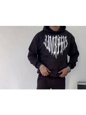 Mythrıva  Uzun Kol Kapşonlu Baskılı Sweatshirt - Siyah