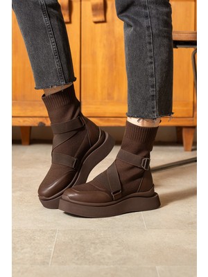 Dabab Shoes Katiana Kadın Kahve Lastik Detaylı Rahat Kalın Taban Triko Spor Bot
