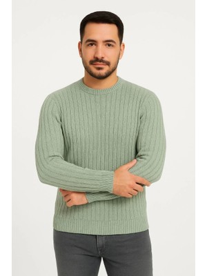 Mythrıva  Erkek Bisiklet Yuvarlak Yaka Triko Kazak Pamuklu Kalın Fitilli Dokuma, Regular Fit Uzun Kollu Kışlık Model - Mint Yeşili