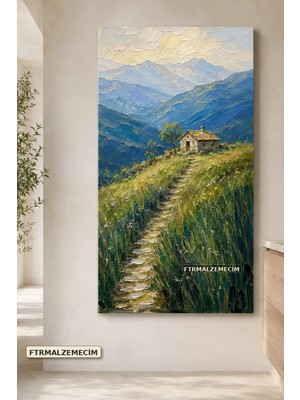 Premium Dağ Evine Uzanan Çiçekli Yol Çerçevesiz Kanvas Tablo