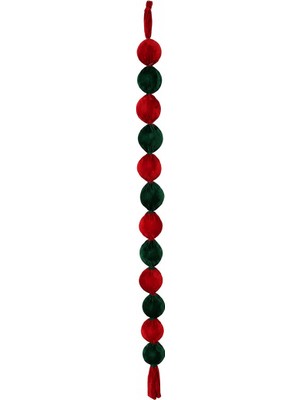 Dekorsende Yılbaşı Kadife Top Garland Şerit Süs Kırmızı Yeşil 190 cm