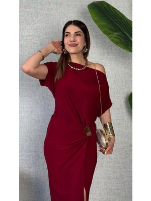 Mythrıva  Kadın Kısa Kollu Tek Omuzdan Açık Beli Lastikli Sandy Maxi Elbise