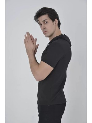 Mythrıva  Erkek Kapşonlu Slim Fit T-Shirt - Siyah