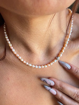 Aida Jewelss Gümüş Kilitli 3,5mm Gold Inci Doğal Taş Kolye , Gümüş Tosbikli Dorikalı Inci Kolye