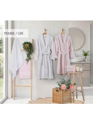 İyi Geceler İstanbul Iyi Geceler Istanbul Soft Linen Aile Bornoz Seti - Pembe-Gri