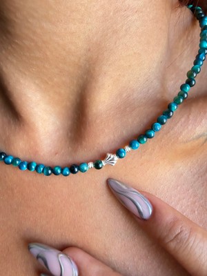 Aida Jewelss Gümüş Kilitli 4 mm Kaplangözü Kolye Gümüş Aparatlı Doğaltaş Kolye