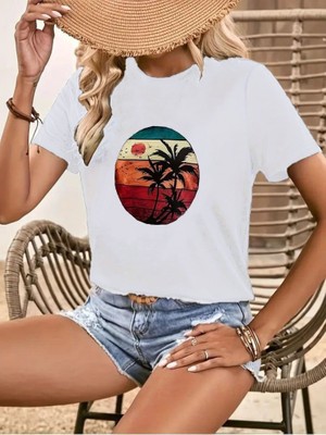 Mythrıva  Kadın Kısa Kollu Palmiye Baskılı Viskon T-Shirt