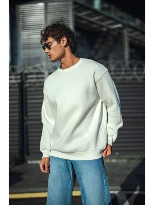 Mythrıva  Kışlık Bisiklet Yaka Üç Iplik Basic Sweatshirt - Beyaz