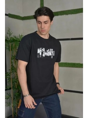 Mythrıva  Unisex Bisiklet Yaka Baskılı Oversize T-Shirt - Siyah