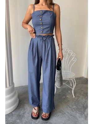 Mythrıva  Tencel Crop Askılı Bluz - Şalvar Pantolon Tk - Indigo