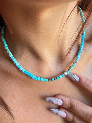 Aida Jewelss Gümüş Kilitli 4mm Kare Kesim Firuze Taşlı Kolye Gümüş Toplu Firuze Kolye