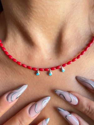 Aida Jewelss Gümüş Kilitli Arpa Kesim Mercan Taşlı Gümüş Turkuaz Aparatlı Doğaltaş Kolye