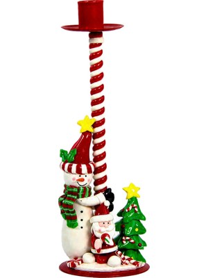 Dekorsende Yılbaşı Kardan Adam Figürlü Şeker Şamdan Mumluk Kırmızı 30 cm