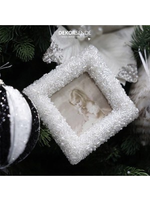 Dekorsende Yılbaşı Süs Taş Kare Çerçeve Beyaz 12 cm