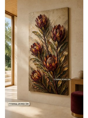 Premium Bordo Protea Çiçekleri Çerçevesiz Kanvas Tablo