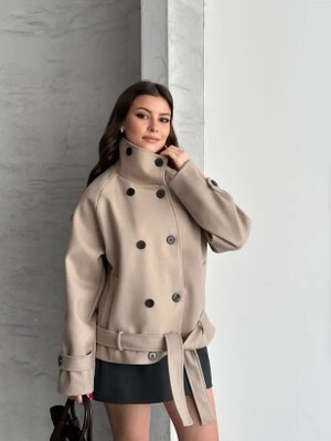 Moda Durağı Arven Dik Yaka Kuşaklı Kısa Astarlı Kaşe Kaban Krem