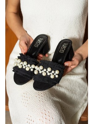 Dabab Shoes Nubıa Kadın Inci Detaylı Hasır Topuklu Siyah Terlik Sandalet