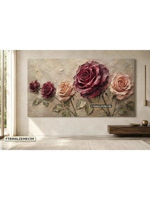 Premium Bordo ve Krem Güller Çerçevesiz Kanvas Tablo