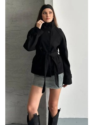 Moda Durağı Arven Dik Yaka Kuşaklı Kısa Astarlı Kaşe Kaban Siyah