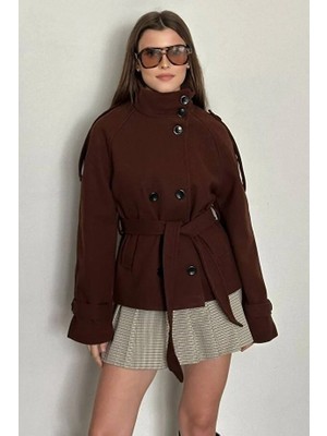 Moda Durağı Arven Dik Yaka Kuşaklı Kısa Astarlı Kaşe Kaban Acı Kahve
