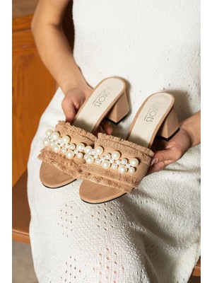 Dabab Shoes Nubıa Kadın Inci Detaylı Hasır Topuklu Taba Terlik Sandalet