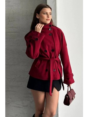 Moda Durağı Arven Dik Yaka Kuşaklı Kısa Astarlı Kaşe Kaban Kırmızı
