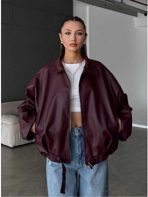 Moda Durağı Kadın Oversize Deri Ceket– Oversize Relax Fit, Fermuarlı Kemer Detaylı Günlük Kadın Ceket Bordo