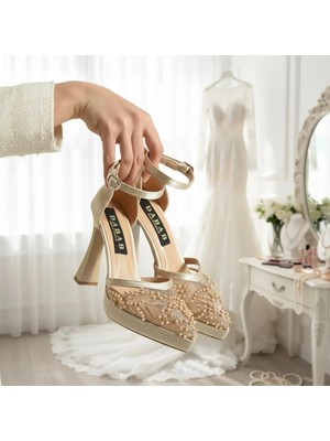 Dabab Shoes Pearly Ten Kadın Platformlu 11CM Topuklu Incili Bilekten Bantlı Abiye Gelin Düğün Ayakkabısı