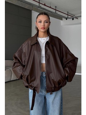 Moda Durağı Kadın Oversize Deri Ceket– Oversize Relax Fit, Fermuarlı Kemer Detaylı Günlük Kadın Ceket Kahverengi