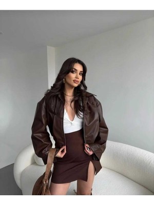 Moda Durağı Deri Bomber Premium Ceket Kahverengi