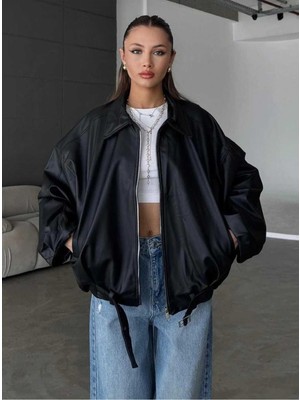 Moda Durağı Kadın Oversize Deri Ceket– Oversize Relax Fit, Fermuarlı Kemer Detaylı Günlük Kadın Ceket Siyah