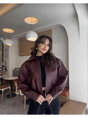 Moda Durağı Deri Bomber Premium Ceket Bordo