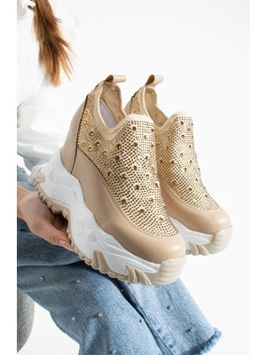 Dabab Shoes Olıvıa Bej Taş Detaylı 10 cm Gizli Topuk Platform Slip-On Sneaker Ayakkabı