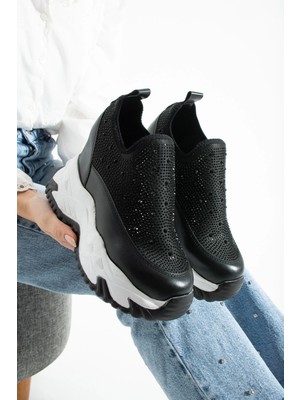 Dabab Shoes Olıvıa Siyah Taş Detaylı 10 cm Gizli Topuk Platform Slip-On Sneaker Ayakkabı