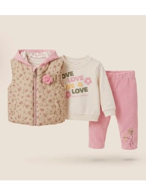 Baby Hi 3'lü Kapitone Çiçekli  Kız Bebek Takım 6-9 Ay 9-12 Ay 12-18 Ay Yenidoğan Bebek Takım Kapüşonlu Yelek+Uzun Kollu Çıtçıtı Body+Pijama Kız Bebek Takım