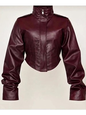 Moda Durağı Frozen Yeni Sezon Korse Detaylı Crop Deri Ceket Bordo