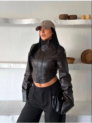 Moda Durağı Frozen Yeni Sezon Korse Detaylı Crop Deri Ceket Kahverengi
