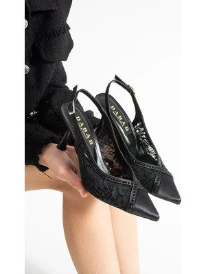 Dabab Shoes Laceora Kadın Siyah Sivri Burun 10 cm Topuklu Dantel Dokulu Inci Detaylı Slingback Abiye Ayakkabı