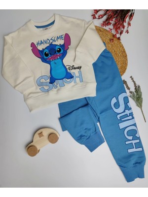 Moda Rüyası Disney Stitch Baskılı Erkek Çocuk Eşofman Takımı - Bisiklet Yaka Sweatshirt ve Jogger Alt Takım - Mavi/ekru