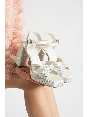 Dabab Shoes Lumera Kadın Taşlı 11CM Platform Topuklu Çapraz Bantlı Abiye Sandalet Ayakkabı