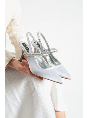 Dabab Shoes Vına Kadın Gümüş Sivri Burun 7 cm Ince Topuklu Taş Detaylı Bilekten Bantlı Klasik Abiye Ayakkabı