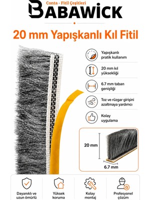 BabaWick 10 Metre Yapışkanlı Kıl Fitil 20 mm Cam Balkon ve Alüminyum Kapı Pencere İçin Dayanıklı
