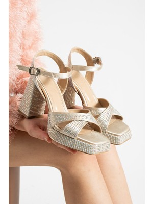 Dabab Shoes Lumera Kadın Bej Taşlı 11CM Platform Topuklu Çapraz Bantlı Abiye Sandalet Ayakkabı