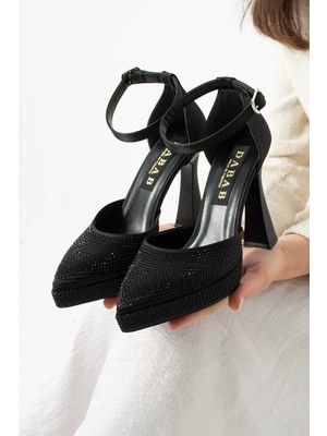 Dabab Shoes Serenya Kadın Siyah Sivri Burun 11 cm Platform Topuklu Taşlı Bilekten Bantlı Abiye Ayakkabı