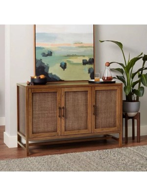 Şafak Mobilya Walnut Retro Model Rattan Detaylı 3 kapaklı Masif Konsol