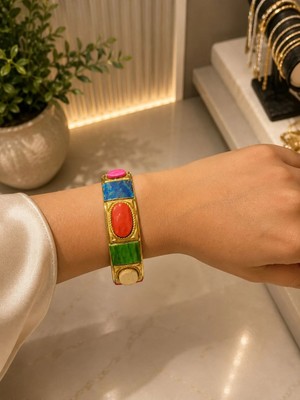 Mare Butik Renkli Taş Detaylı Gold Bileklik