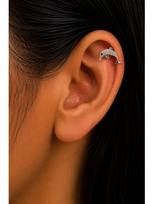 Semtim Kuyumculuk Sertifikalı 316L Çelik Taşlı Yunus Figürlü Premium Gümüş Renk Tragus ve Helix Piercing Gold 30