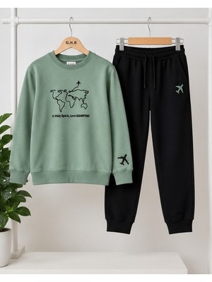 Mila Mood Erkek Çocuk Dünya Haritası Baskılı Sweatshirt Siyah Jogger Pantolon 2’li Takım