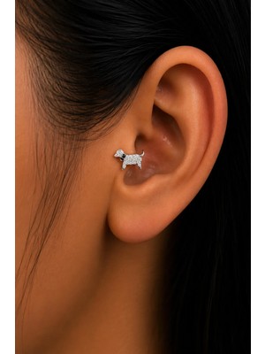 Semtim Kuyumculuk Sertifikalı 316L Çelik Taşlı Köpek Figürlü Siyah Tasma Detaylı Premium Gümüş Renk Tragus ve Helix Piercing Gold 28